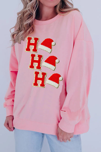 Light Pink Sequin Christmas Hat HO HO HO Graphic Pullover Sweatshirt