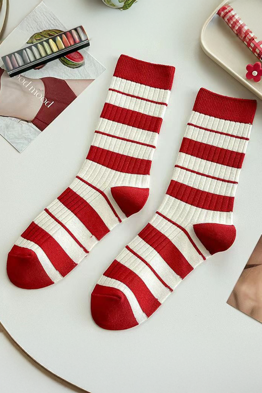 Fiery Red Christmas Color Block Ribbed Crew Socks