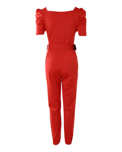 V Neck Zip Front Puff Sleeve Jumpsuit With Belt Casual Overalls