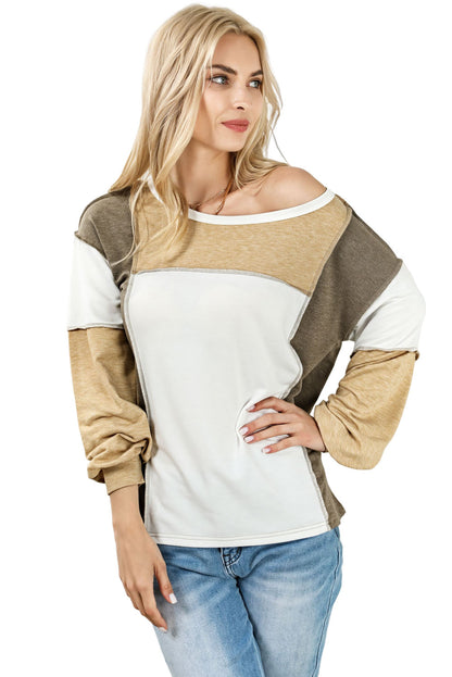 Khaki Exposed Seam Color Block Patchwork Top