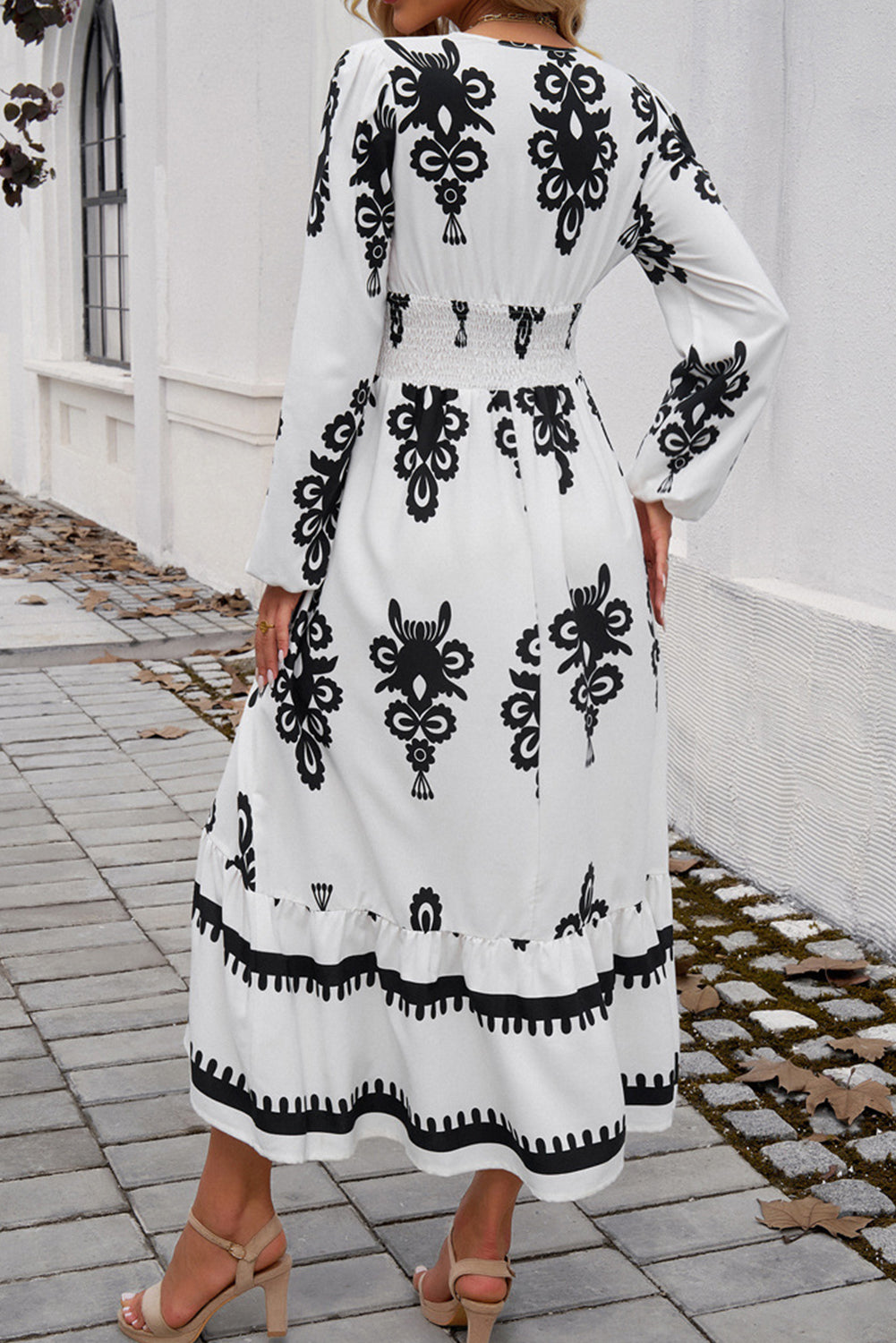 White Ethnic Geometric Print Long Sleeve V Neck Cinched Waist Maxi Dress