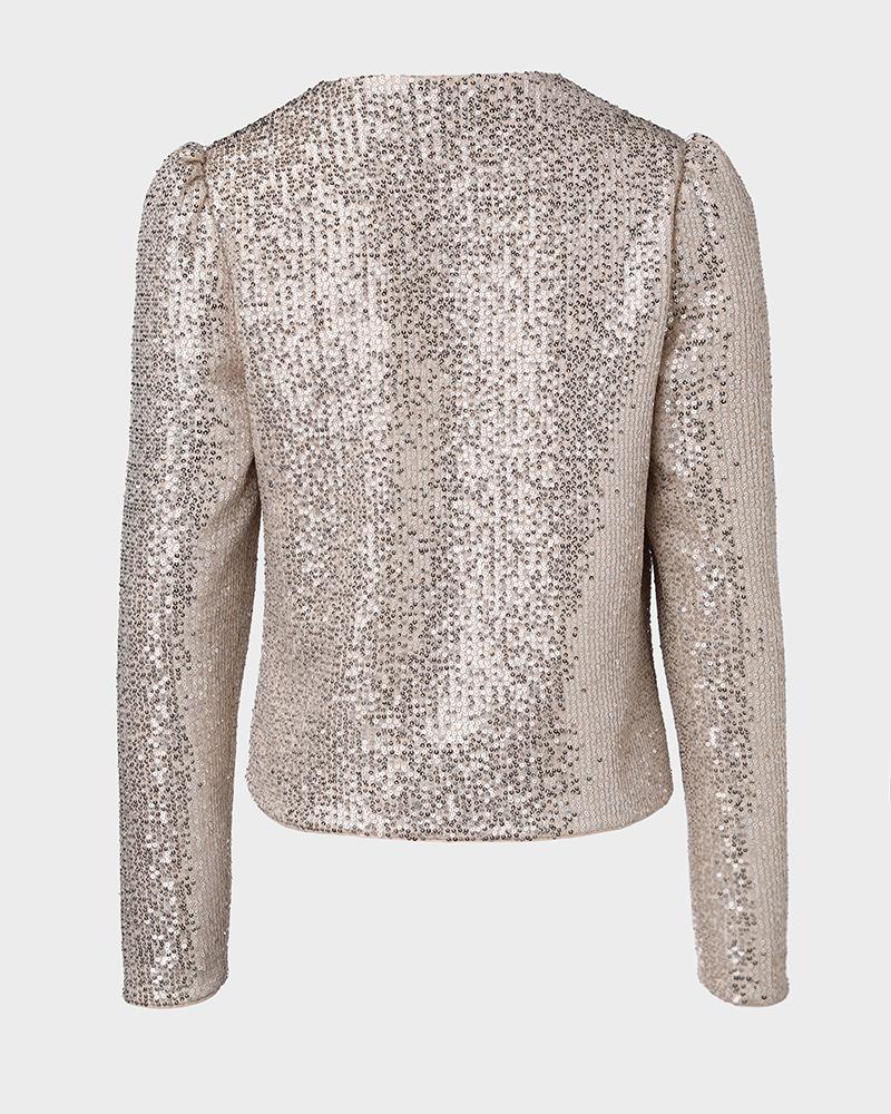 Sparkly Sequin Open Front Puff Sleeve Blazer Coat