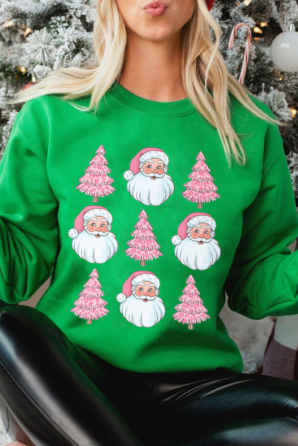 Dark Green Santa Clause Christmas Tree Graphic Sweatshirt