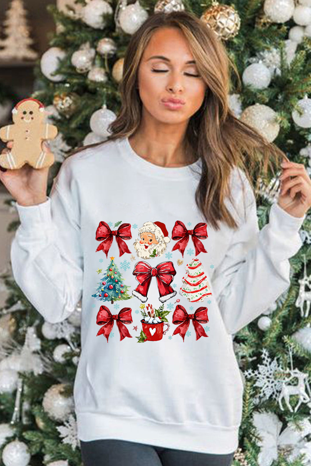 Beige Christmas Tree Bowknot Santa Clause Graphic Holiday Sweatshirt