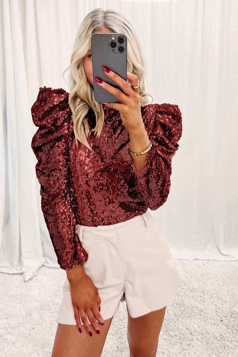 Burgundy Sequin Mock Neck Bubble Sleeve Top