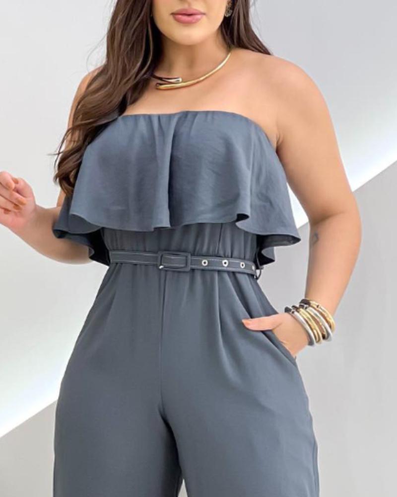 Bandeau Sleeveless Ruffles Jumpsuit with Belt Casual Waist Pocket Design Loose Fit Romper