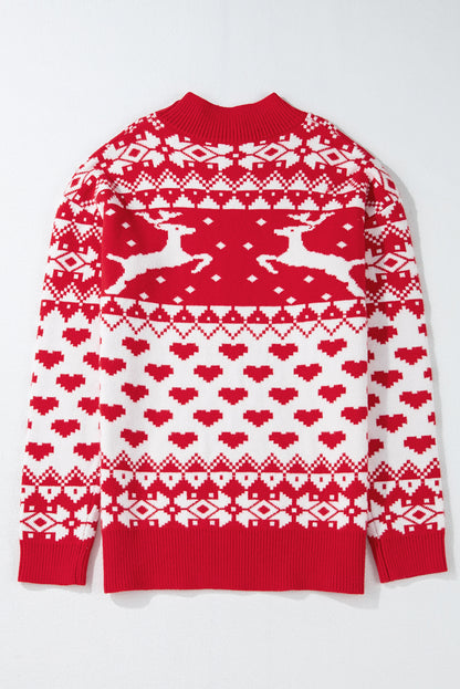 Fiery Red Merry Christmas Reindeer Heart Pattern High Neck Sweater