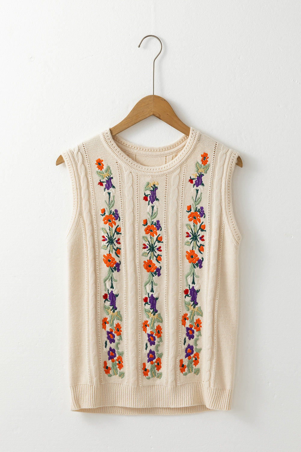 Jet Stream Embroidered Floral Cable Knit Sweater Vest