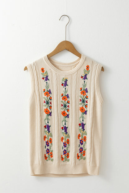 Jet Stream Embroidered Floral Cable Knit Sweater Vest