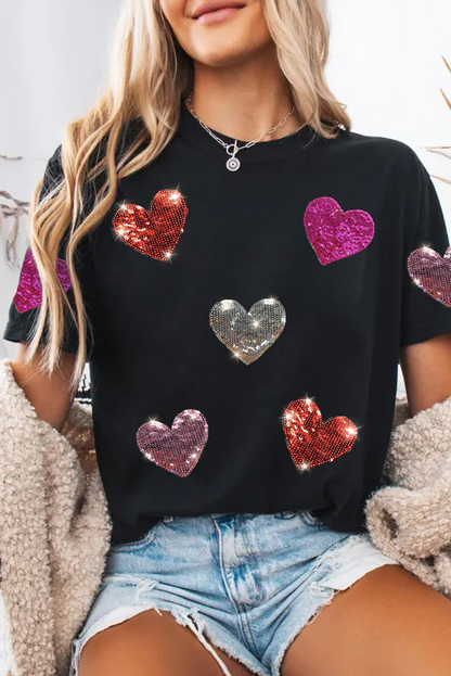 Black Sequin Heart Patched Pattern Crewneck Valentines Tee