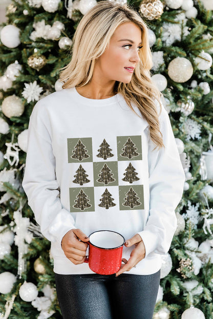 Beige Christmas Tree Checker Print Drop Shoulder Sweatshirt