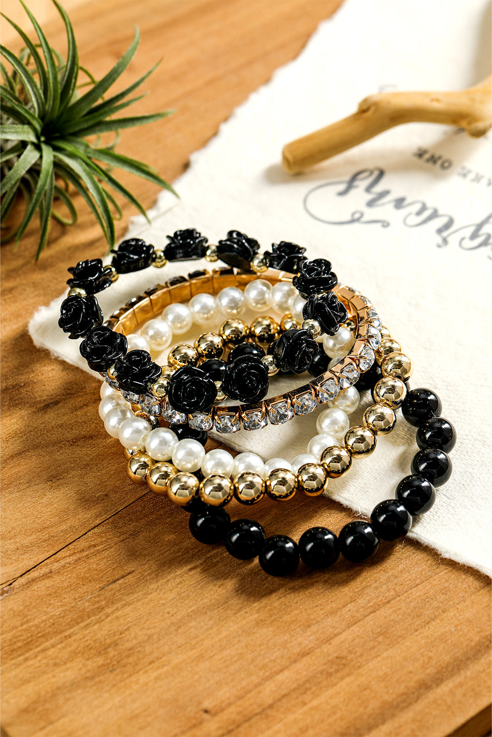 Black Flower Rhinestone Beaded Multi Layer Bracelet Set