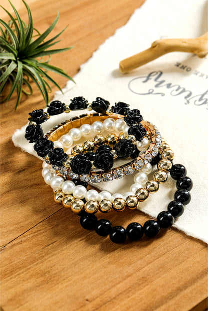 Black Flower Rhinestone Beaded Multi Layer Bracelet Set