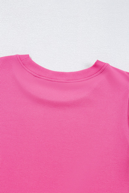 Bright Pink Ribbed Pearl Beaded Puff Sleeve Top