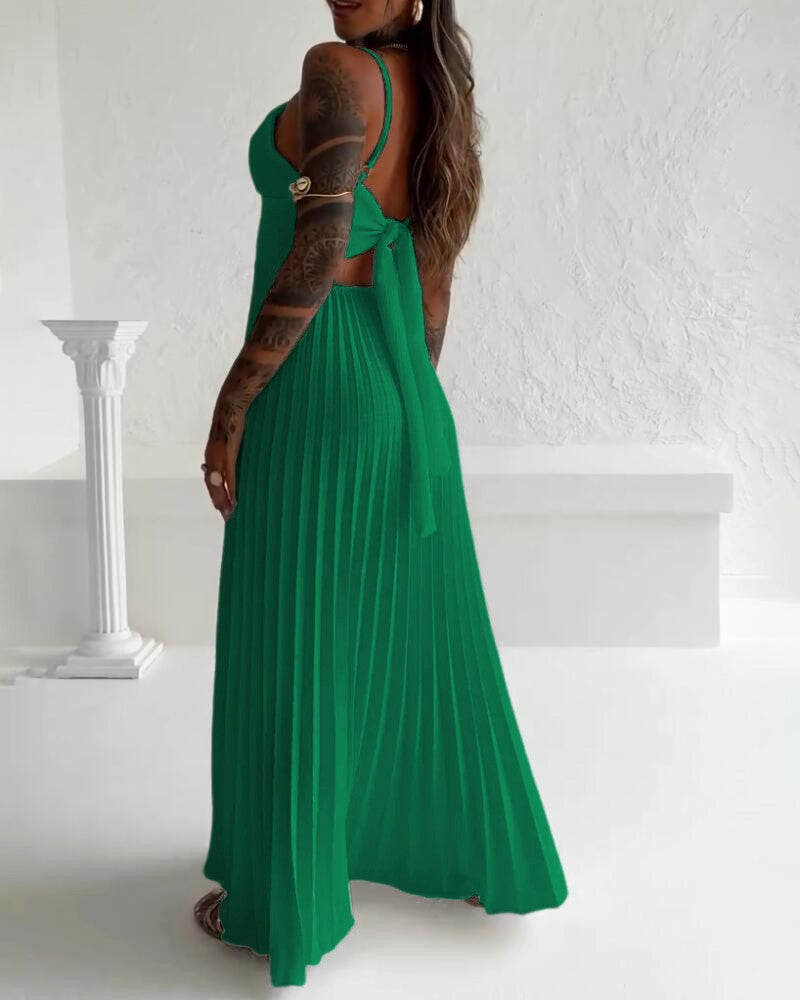 Bandeau Sleeveless Pleated Dress Elegant Flowy A Line Maxi Dress