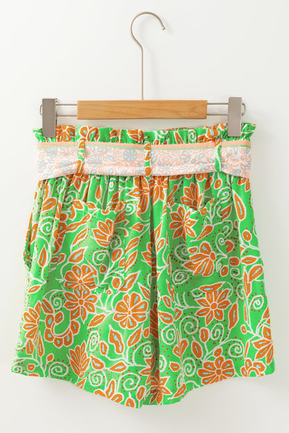 Green Floral Print Pocketed Front Knot High Waist Casual Shorts