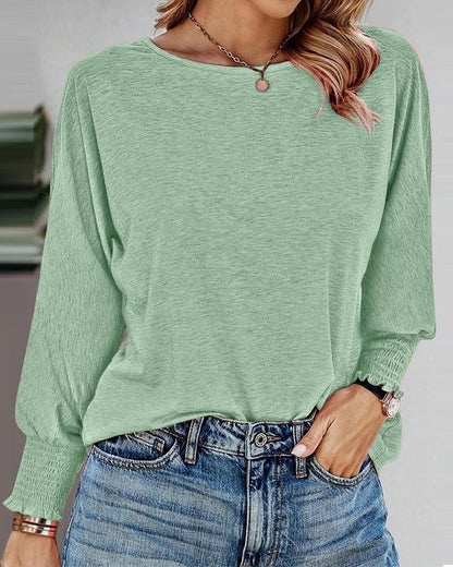 Round Neck Shirred Lantern Sleeve Long Sleeve Softy Basic T Shirt Casual Tee