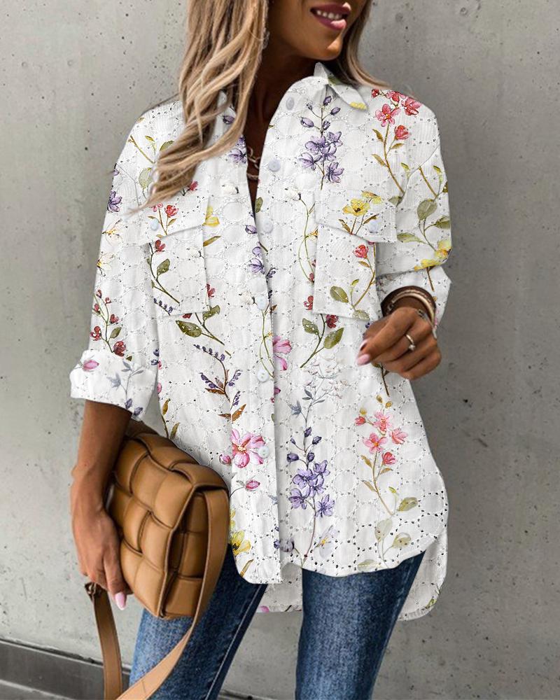 Floral Pattern Long Sleeve Shirt Eyelet Embroidery Pocket Design Blouse Top