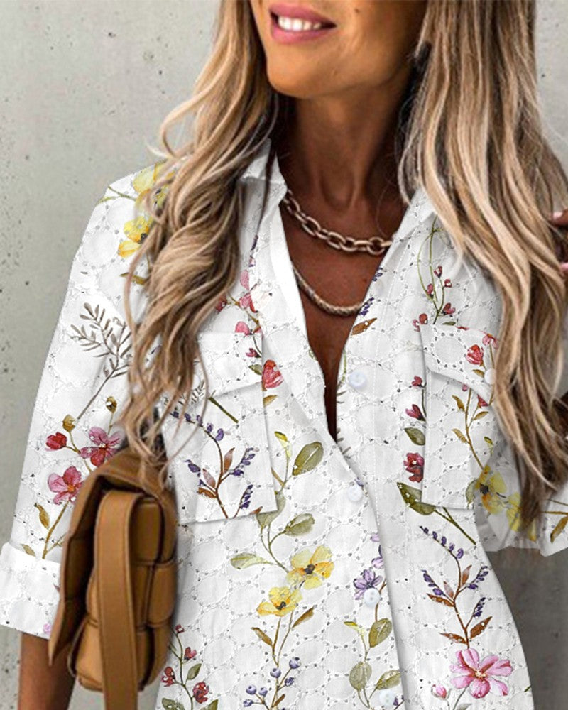 Floral Pattern Long Sleeve Shirt Eyelet Embroidery Pocket Design Blouse Top