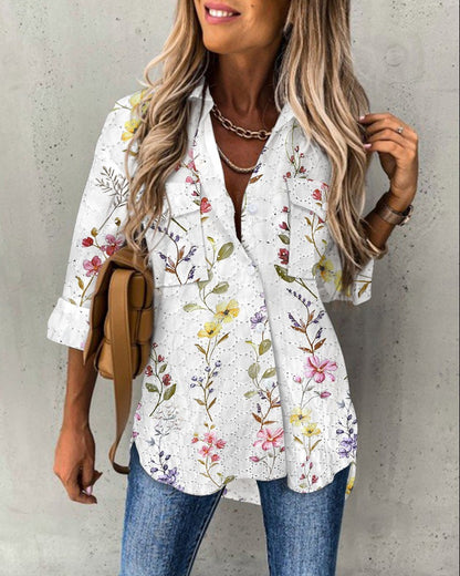 Floral Pattern Long Sleeve Shirt Eyelet Embroidery Pocket Design Blouse Top