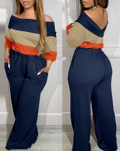 Colorblock Off Shoulder Long Sleeve Jumpsuit V Back Stretchy Waist Pocket Design Romper