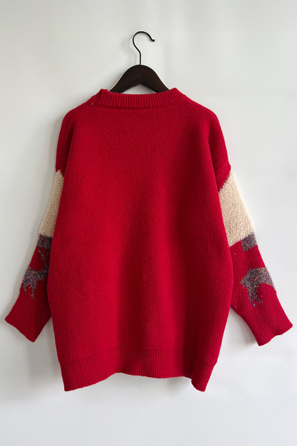 Racing Red Sequin Fuzzy Christmas Tree Tinsel Elk Drop Shoulder Sweater