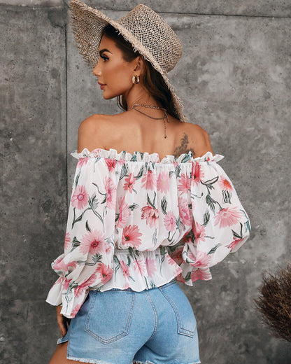 Off Shoulder Floral Print Lantern Sleeve Top