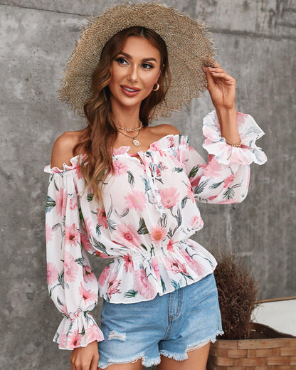 Off Shoulder Floral Print Lantern Sleeve Top