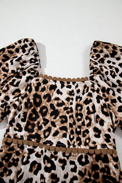 Brown Leopard Print Bubble Sleeve Square Neck Maxi Dress