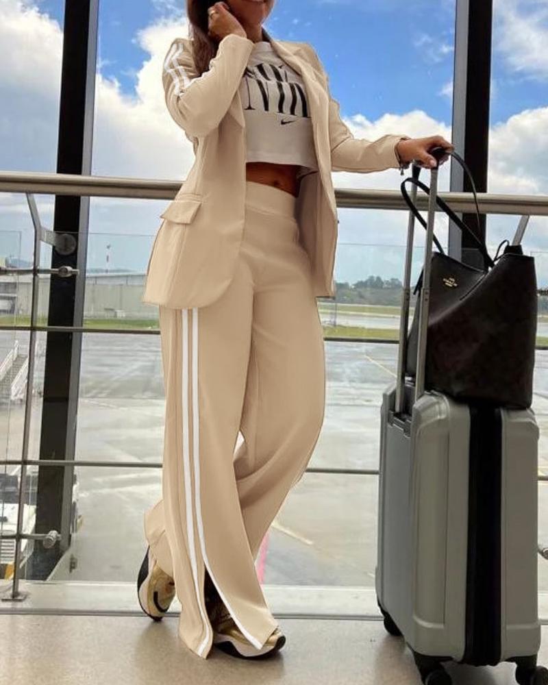 2 Piece Stripe Print Notched Collar Long Sleeve Coat Slit Straight Pants Work Pants Set