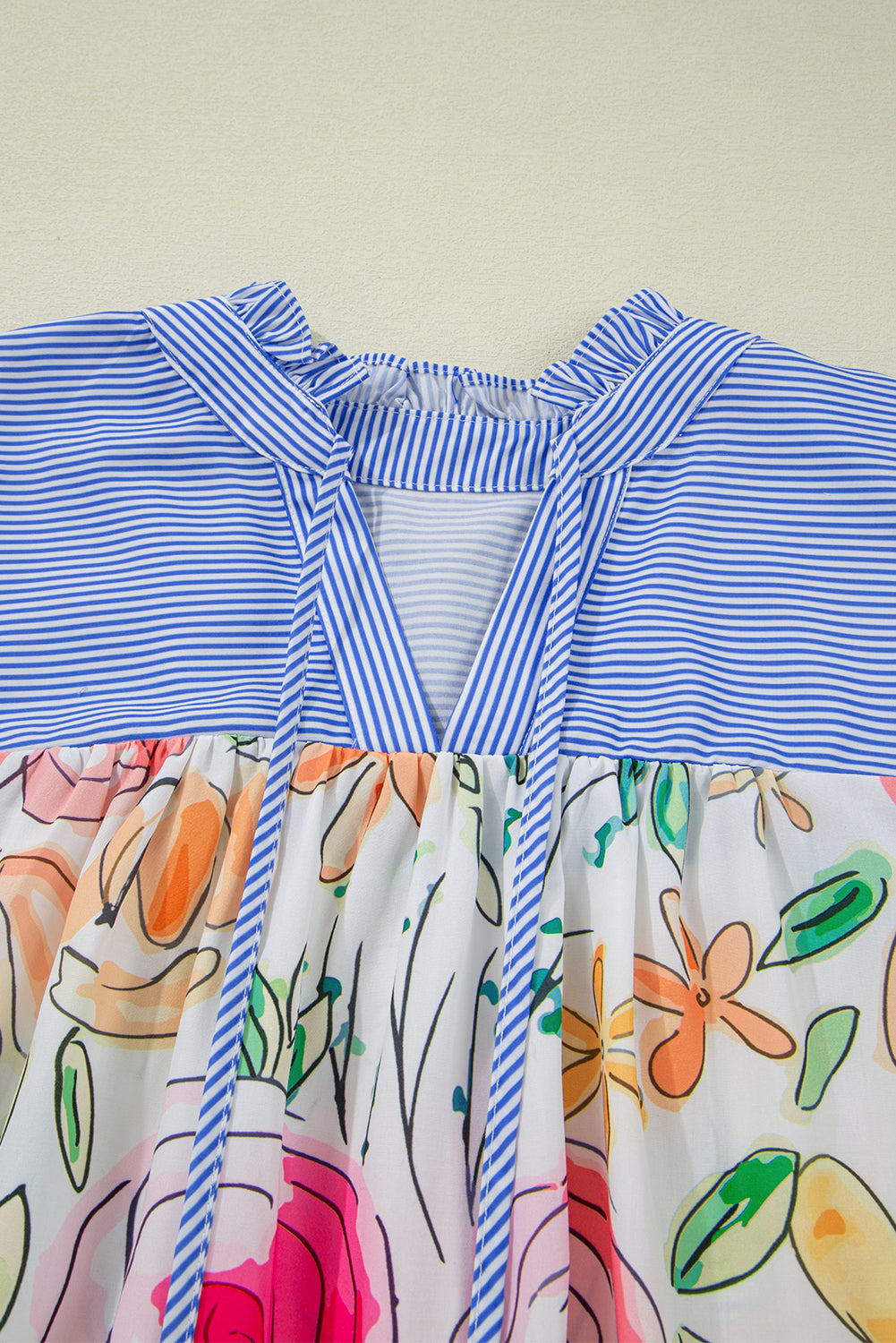 Multicolour Floral Print Striped Yoke Frilled V Neck Puff Short Sleeve Blouse