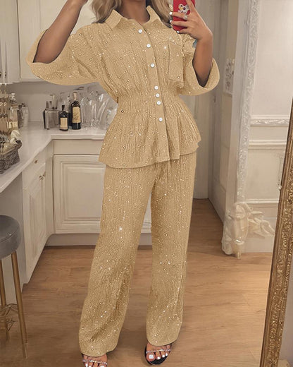 2 Pieces Glitter Stand Collar Three Quarters Sleeve Button Front Blouse and Casual Loose Fit Pants Set