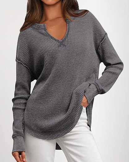 Waffle Knit Notch Neck Long Sleeve Top Slit Casual Pullover Tee with Detachable Chain