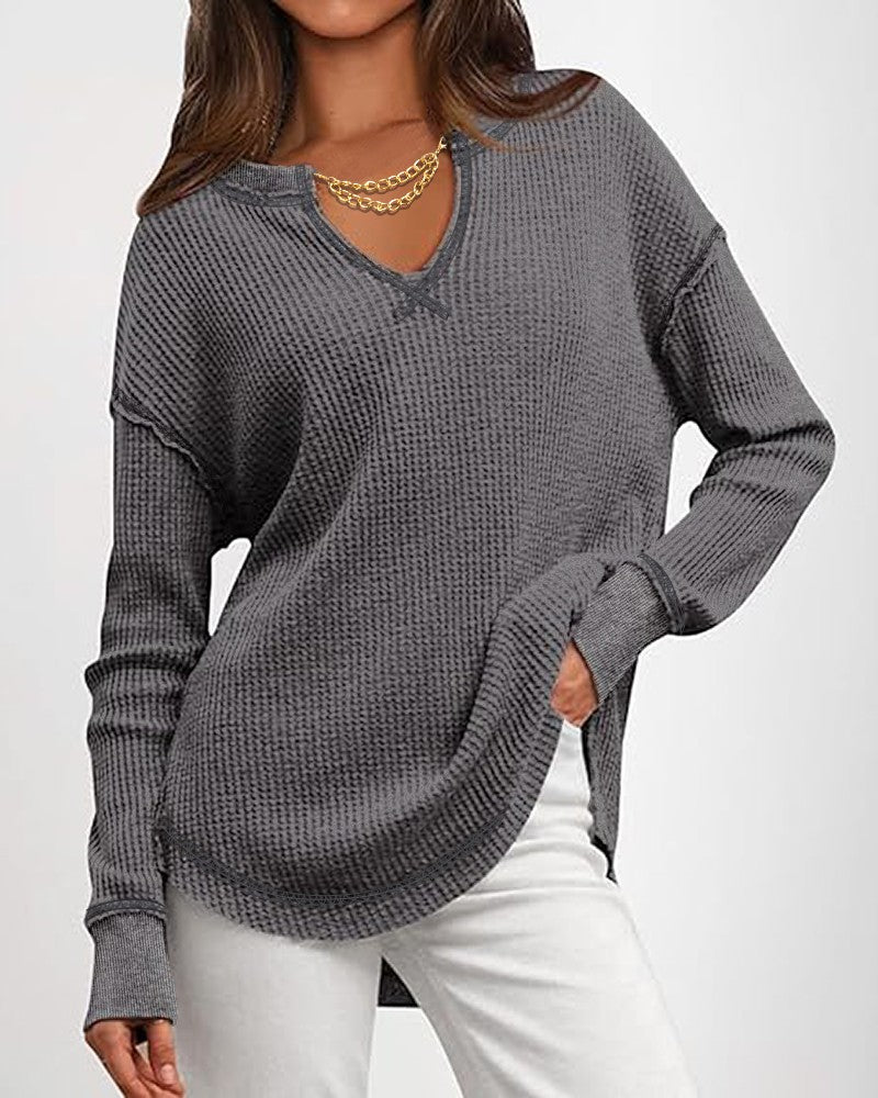 Waffle Knit Notch Neck Long Sleeve Top Slit Casual Pullover Tee with Detachable Chain