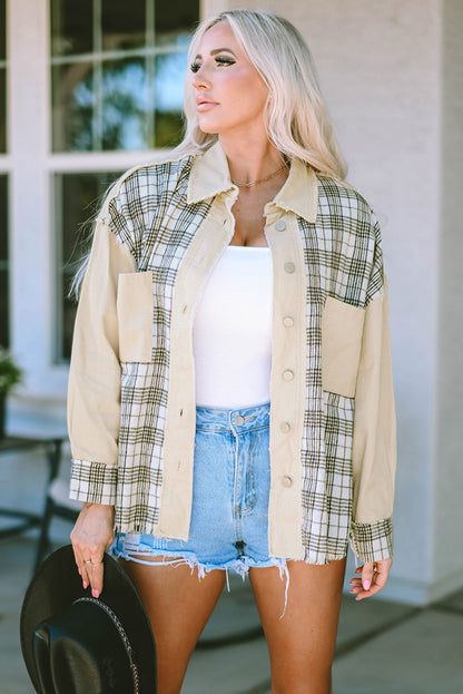 Khaki Distressed Raw Edge Plaid Patchwork Denim Jacket