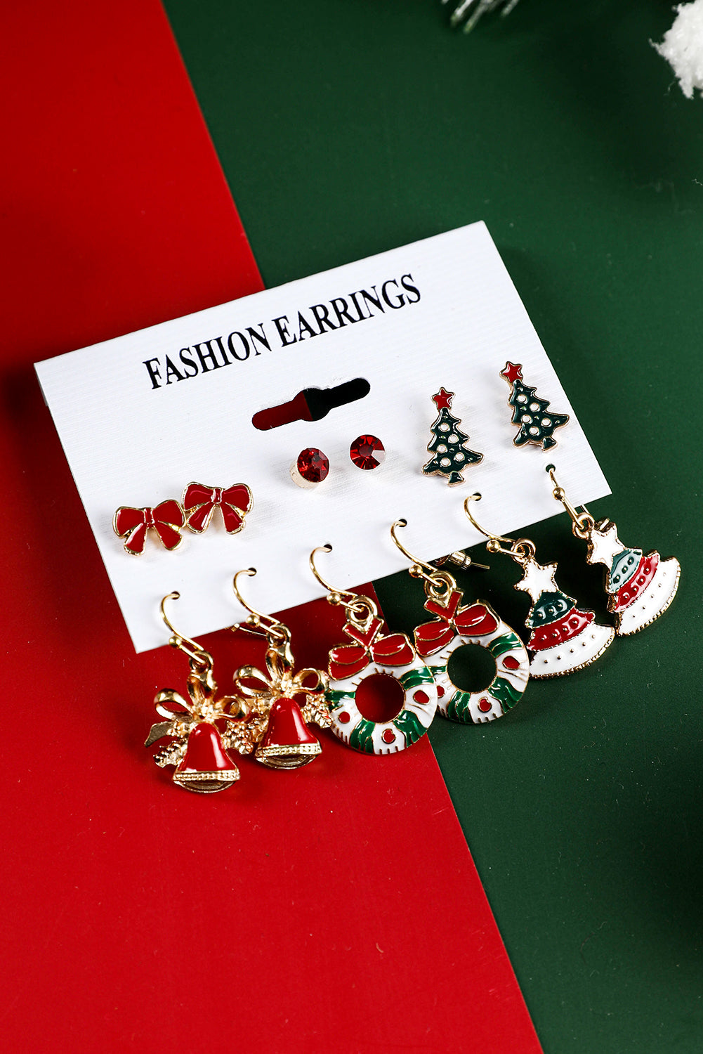 Racing Red 6 Pairs/Set Christmas Tree Wreath Bell Bow Knot Earring Set