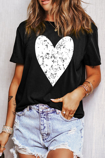 Black Valentines Heart Printed Round Neck T Shirt