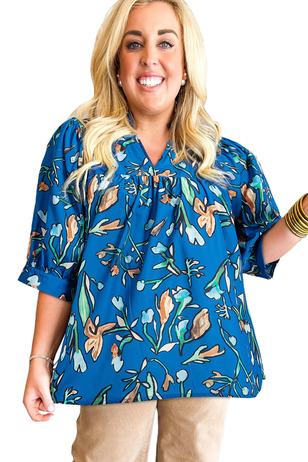 Blue Floral Notched V Neck Half Sleeve Plus Size Blouse