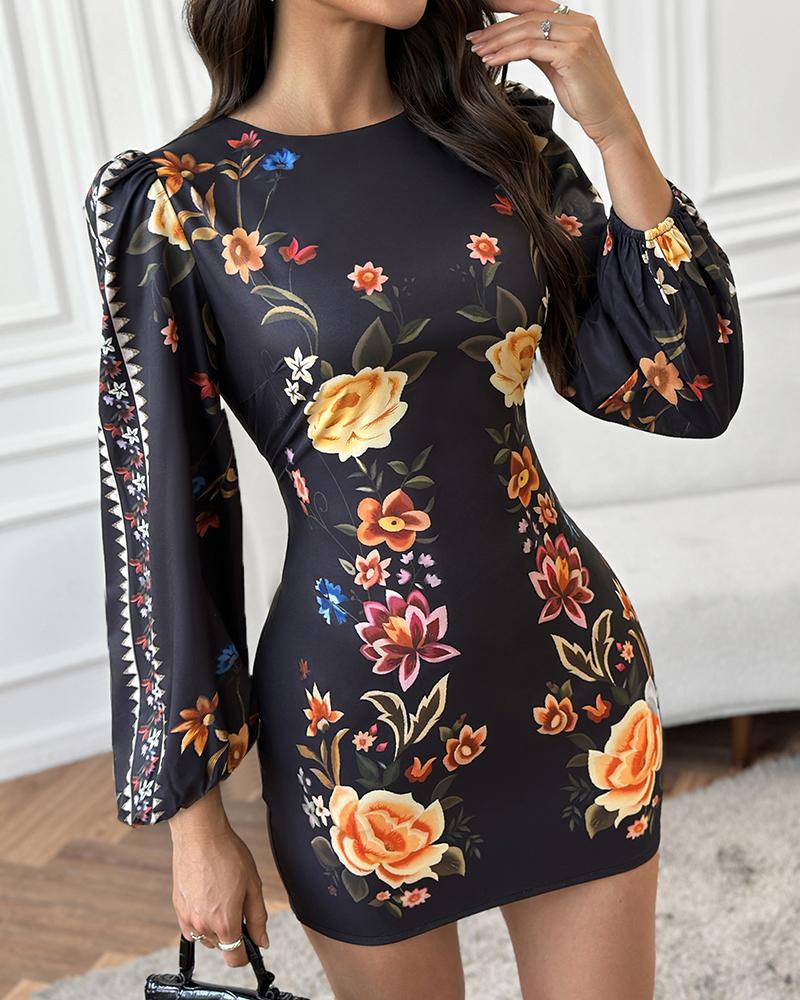 Cutout Lantern Sleeve Floral Print Bodycon Dress