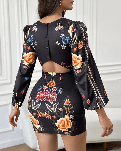 Cutout Lantern Sleeve Floral Print Bodycon Dress