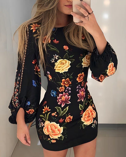 Cutout Lantern Sleeve Floral Print Bodycon Dress