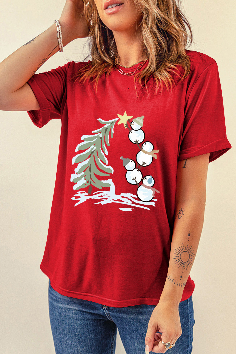 Red Christmas Tree Snowman Printed Crewneck T Shirt