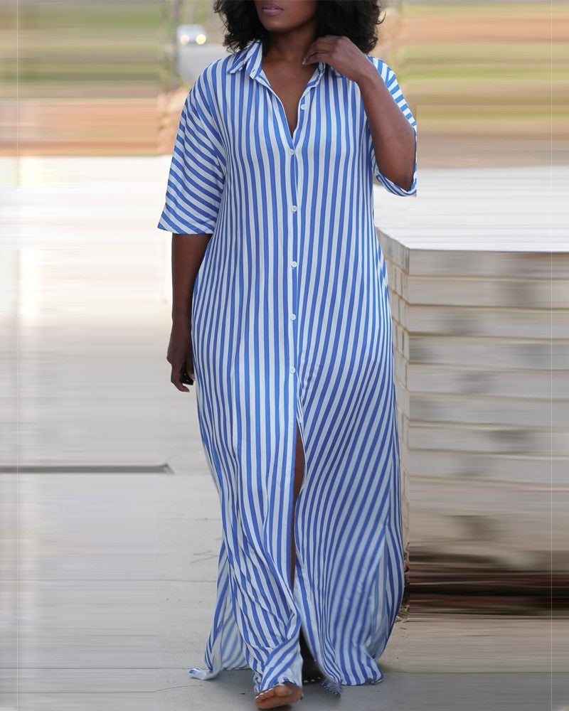 Striped Buttoned Slit Shirt Dress