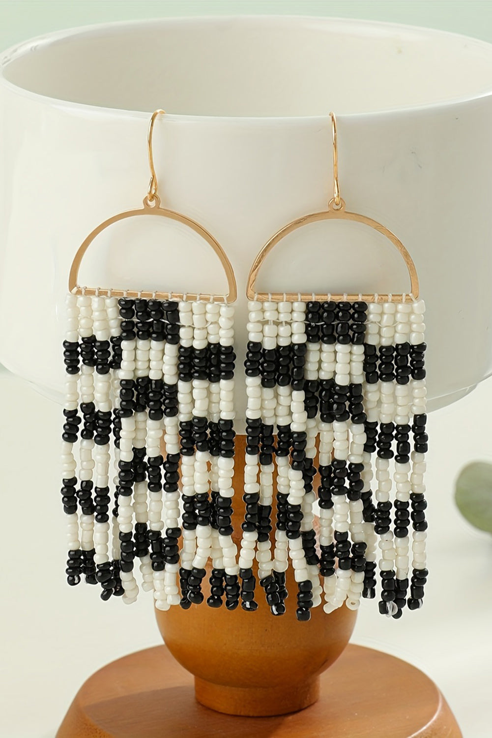 Black Beading Checkered Tassel Bohemisn Hook Earrings