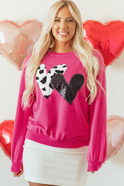 Strawberry Pink Cow & Sequin Double Heart Patch Graphic Sweatshirt