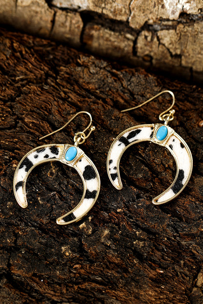 Black Cow Print Turquoise Inlay Crescent Shaped Dangle Earrings