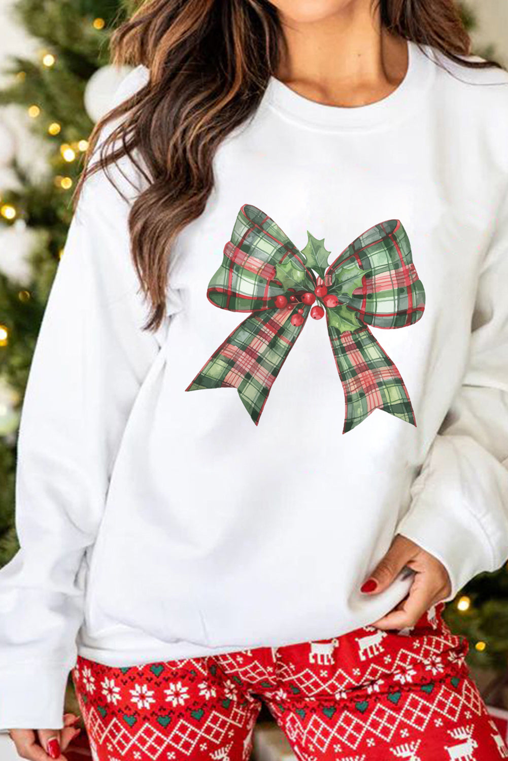 Beige Holly Plaid Bow Graphic Christmas Themed Sweatshirt