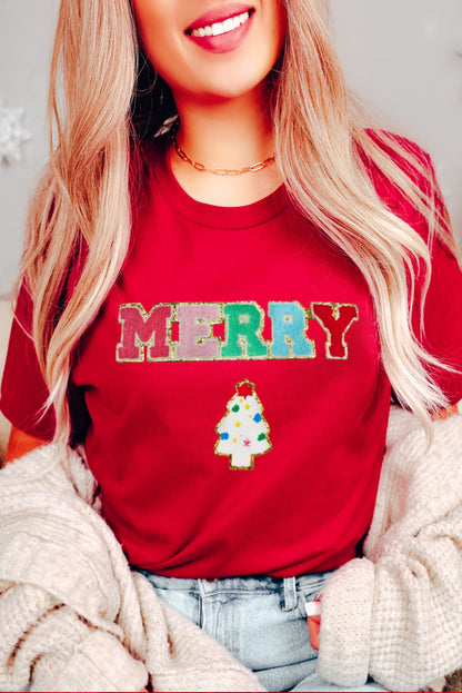 Red Chenille MERRY Christmas Tree Graphic Tee