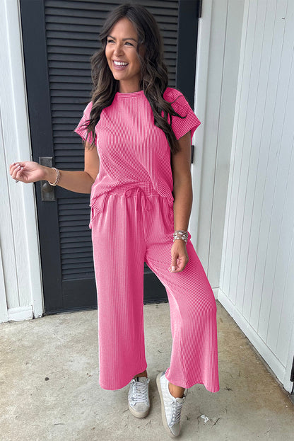 Bright Pink Solid Corded Knit Short Sleeve T Shirt and Wide Leg Pants Set