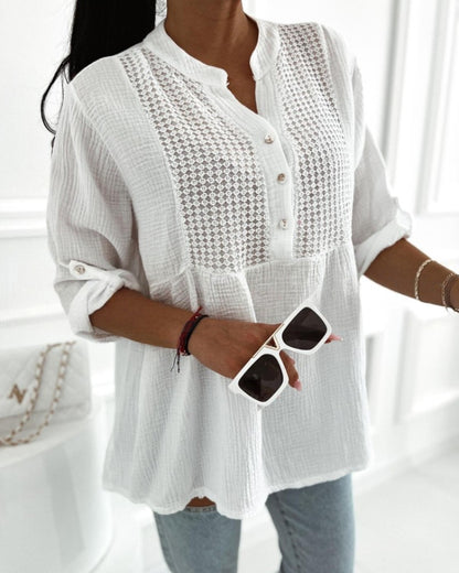 Roll Up Sleeve Hollow Out Shirt Button Front Casual Blouse Top